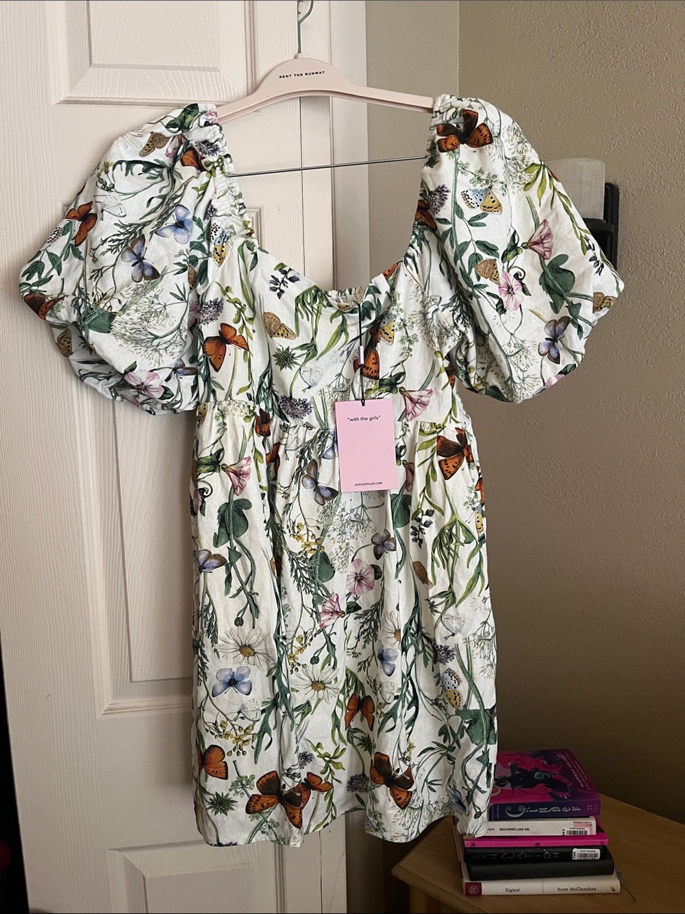 Avec Les Filles White Floral & Butterfly Puff-Sleeve Mini Dress